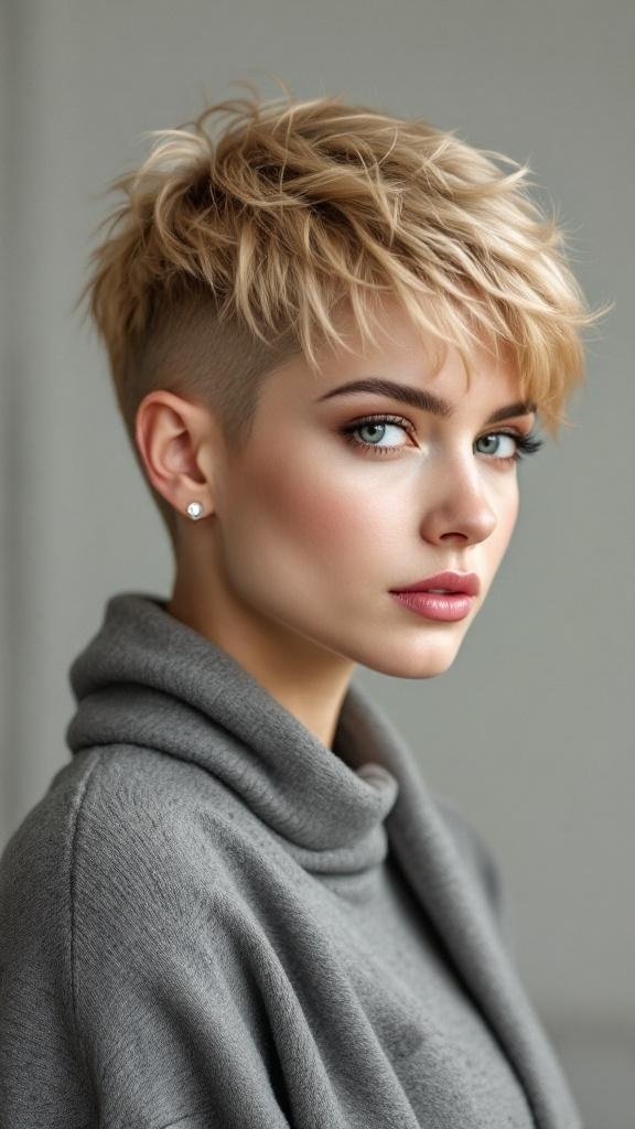 A woman with a honey blonde pixie cut, wearing a gray sweater, looking confidently at the camera.