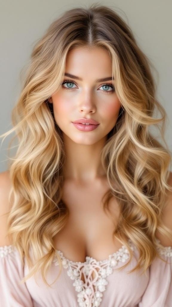 A woman with soft honey blonde curls, wearing a light pink top, with a natural makeup look.