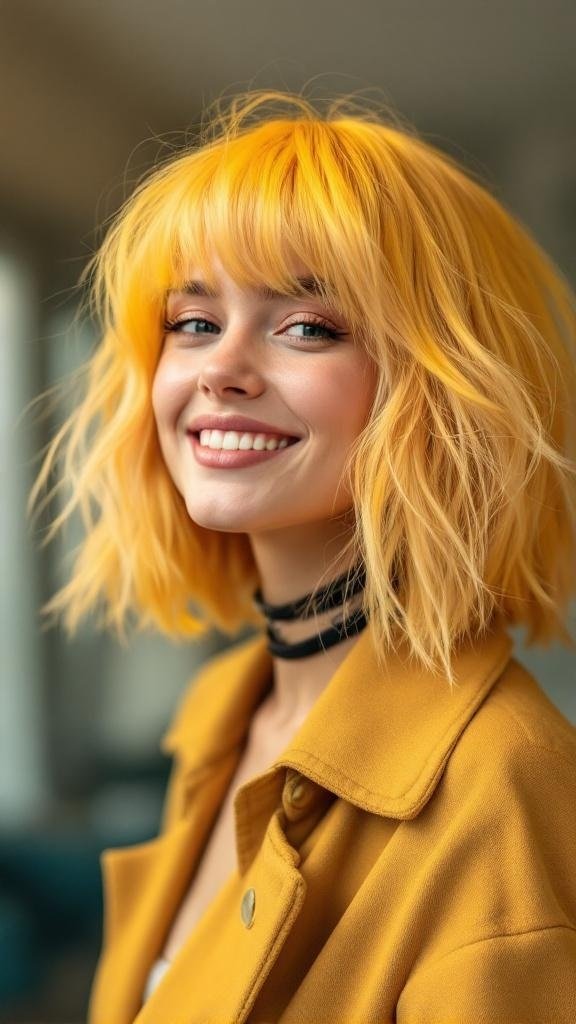A woman with bright honey blonde shag hairstyle, smiling and wearing a yellow coat.