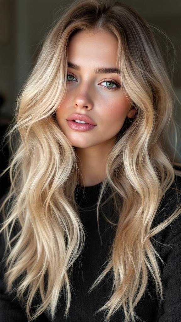 A woman with long, wavy honey blonde hair featuring ash undertones, wearing a black sweater.