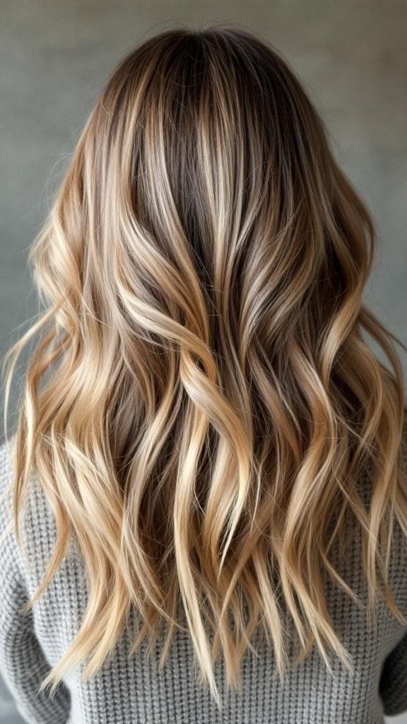 A hairstyle featuring honey blonde hair with lowlights, showcasing waves and depth.