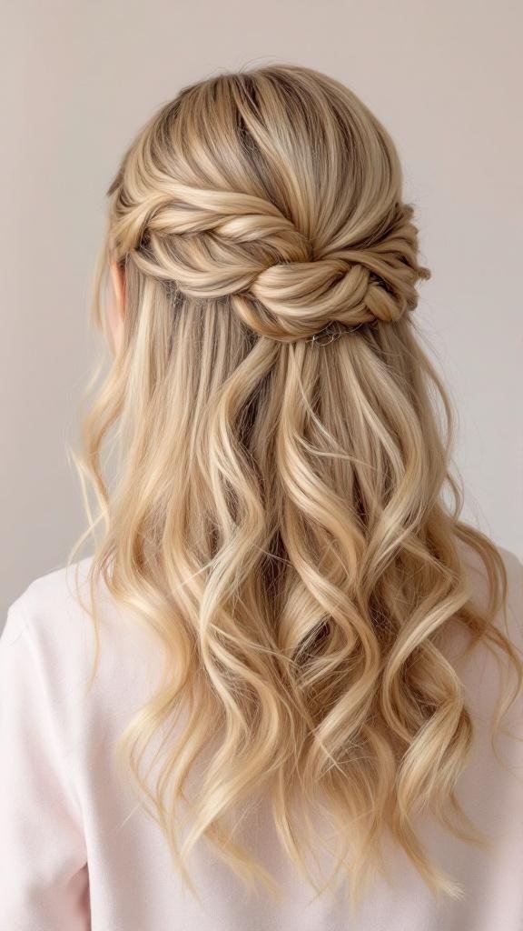 A woman with honey blonde hair styled in a half-updo, featuring soft waves.