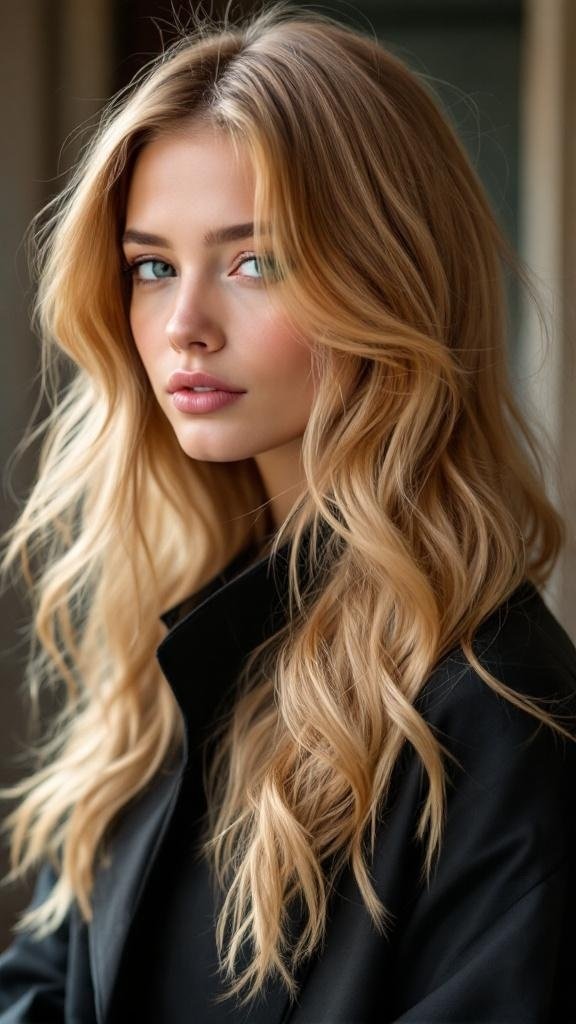 A woman with honey blonde hair featuring face-framing highlights, styled in soft waves.