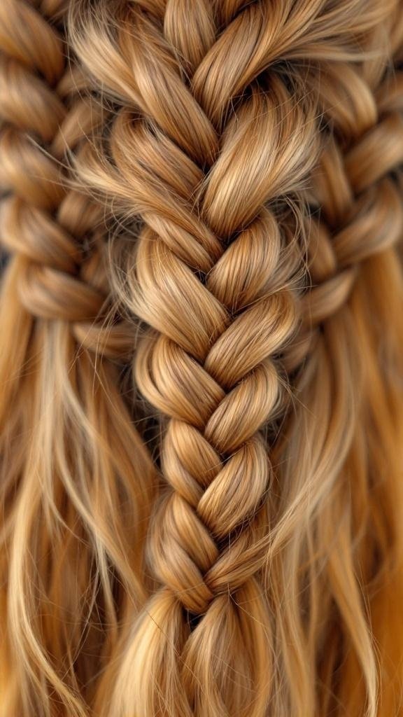 Close-up of honey blonde hair styled in braids.