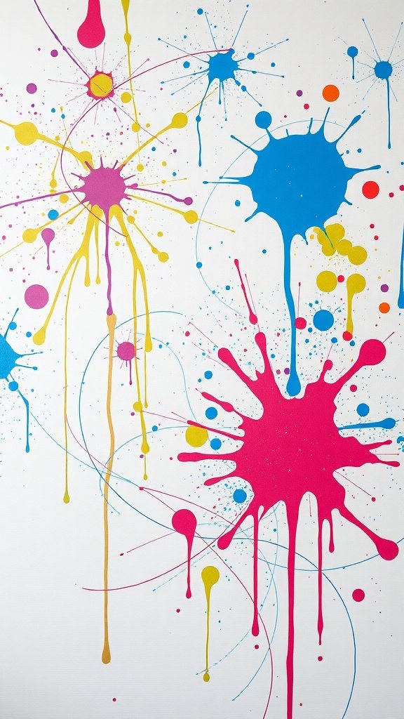 Colorful paint splashes in pink, blue, yellow, and orange on a white background.