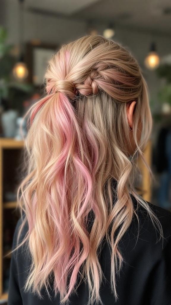 A hairstyle featuring honey blonde hair with subtle pink tones, styled in loose waves.