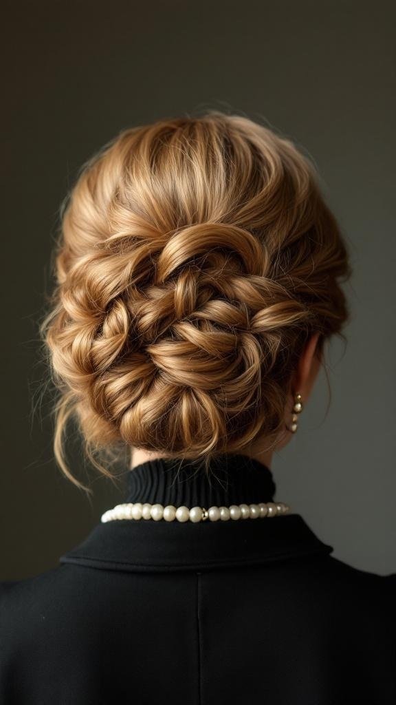 A vintage honey blonde updo hairstyle featuring intricate braiding, adorned with pearl accessories.