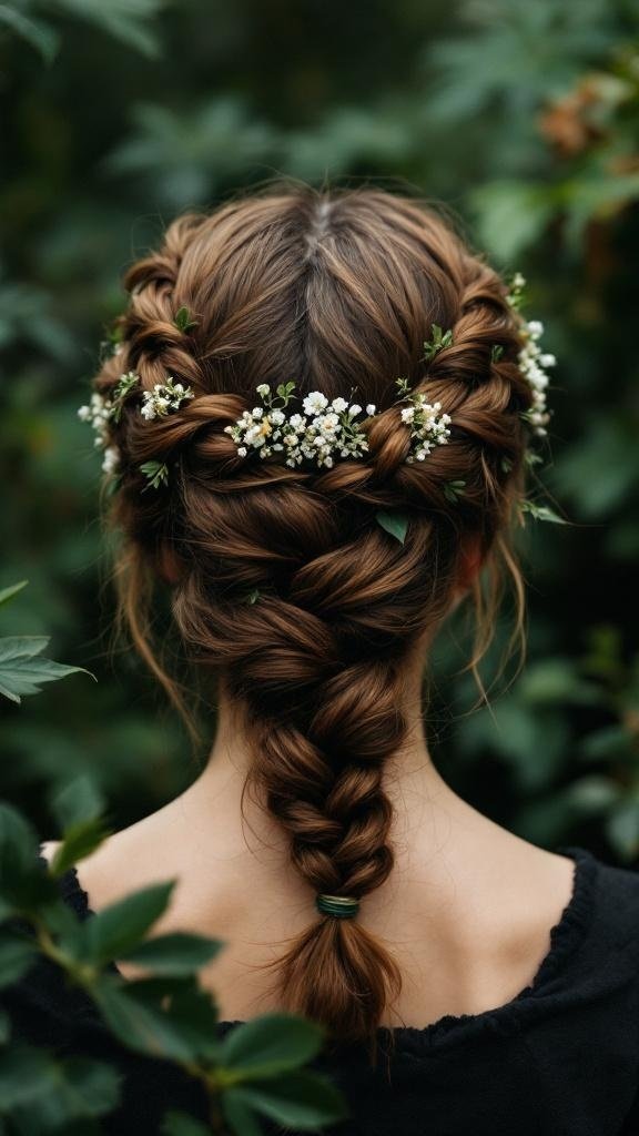 A woman with a crown braid hairstyle adorned with small white flowers.