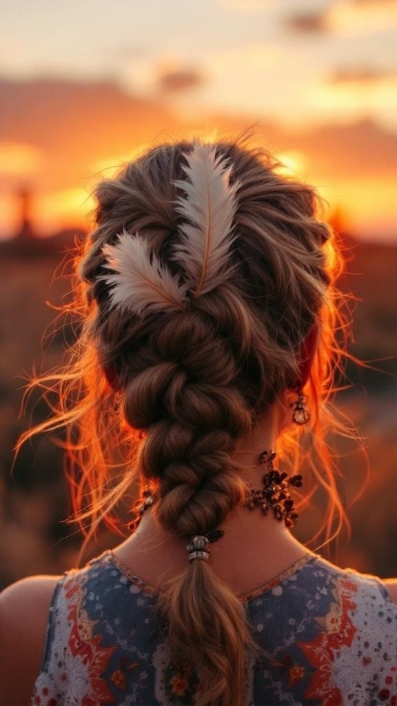 A woman with a braided bun adorned with feathers, set against a sunset backdrop.