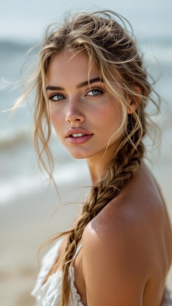 A woman with a messy side braid, enjoying the beach.