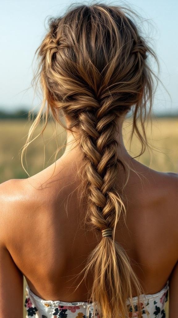 A close-up of a loose fishtail braid on a woman's hair, showcasing a relaxed and stylish hairstyle.