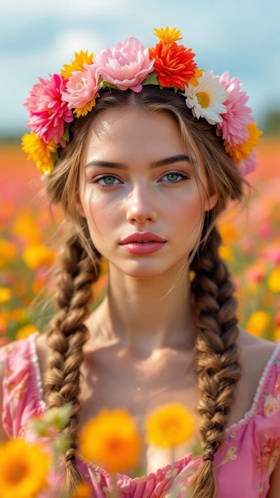 A young woman with double Dutch braids and a flower crown in a field of flowers.