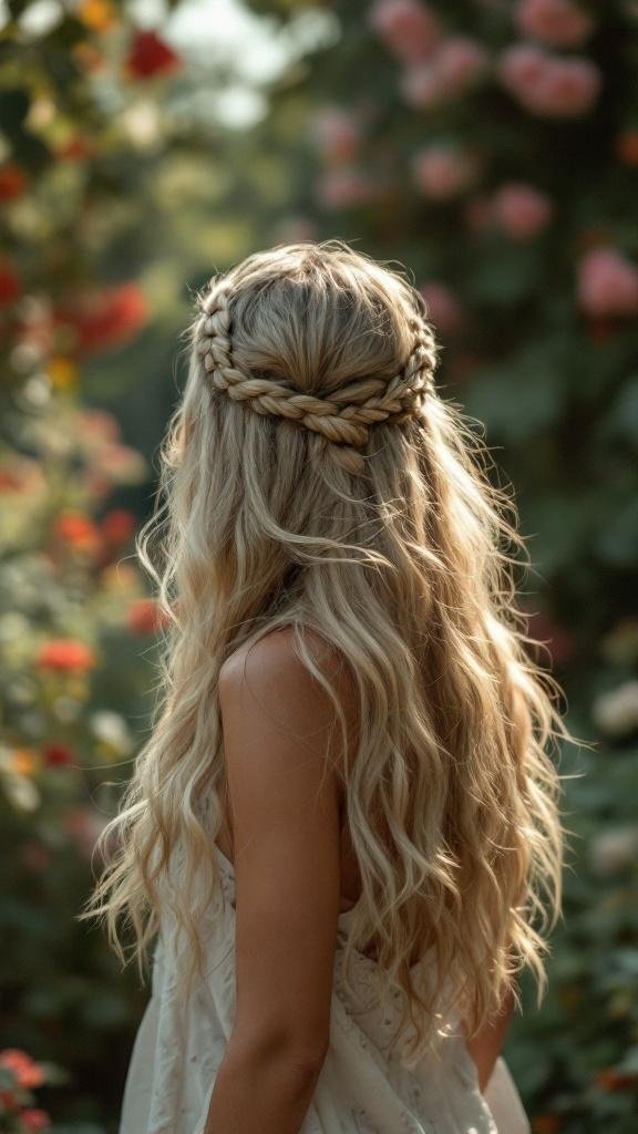 A woman with long, wavy hair styled in a braided headband, surrounded by flowers.