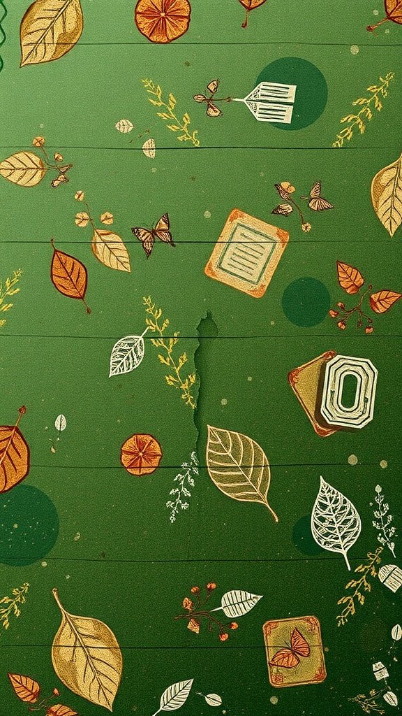 A green textured wallpaper featuring leaves, butterflies, and natural elements.