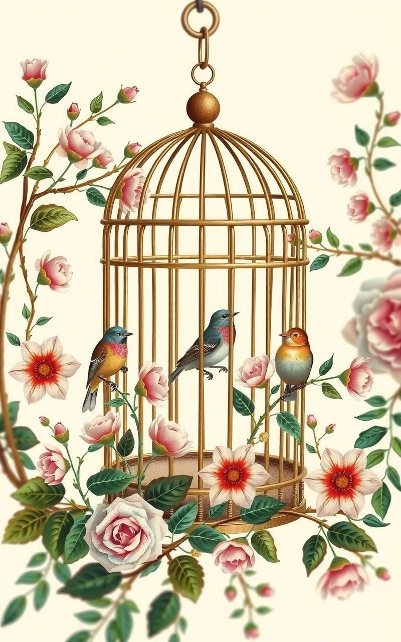 Vintage Birdcage Illustrations With Floral Accents