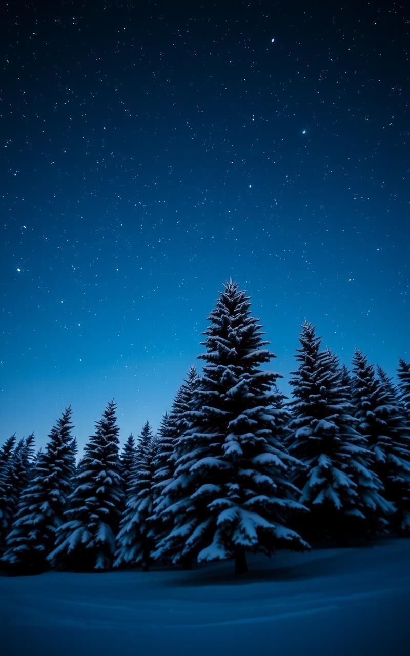 Starry Night Over Snow-Covered Pine Forest