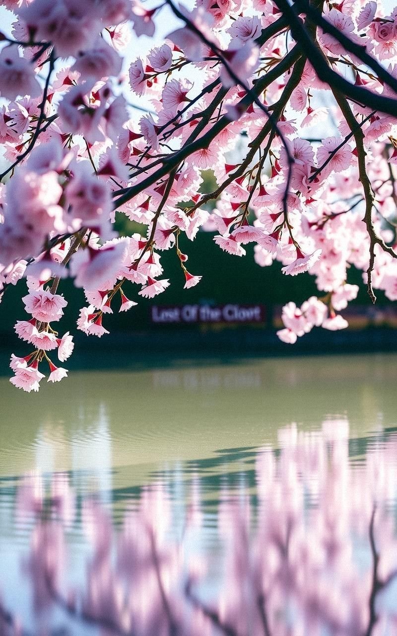 Cherry Blossom Trees Reflected in Serene Pond