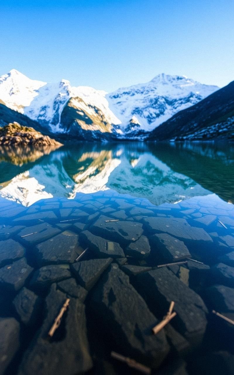 Crystal Clear Mountain Lake Reflecting Snow Peaks