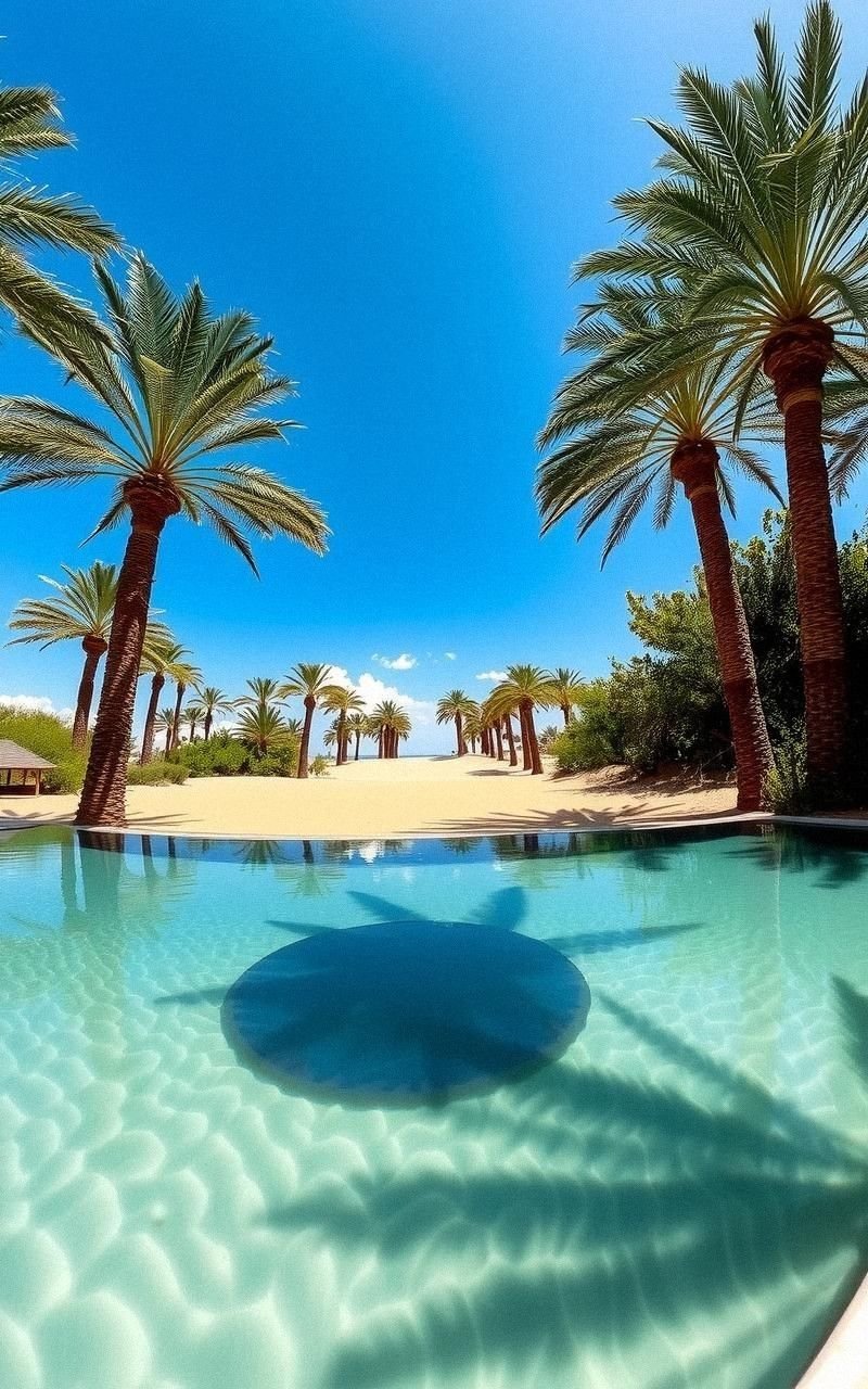 Desert Oasis Pool Reflecting Palm Trees and Sky