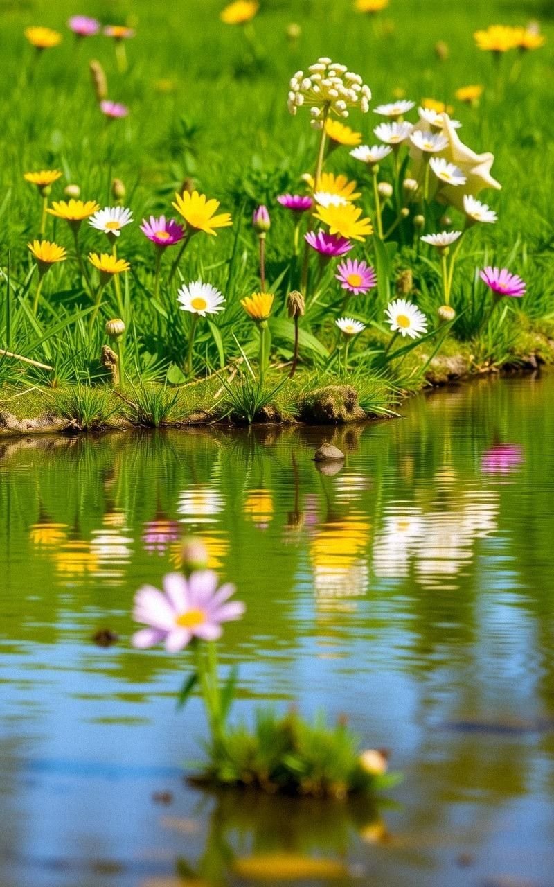 Lush Green Meadow Reflected in Quiet Stream