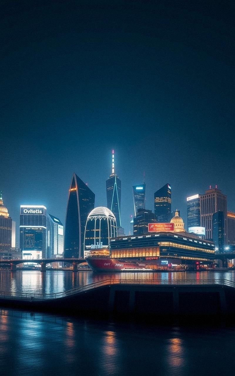 Nighttime City Skyline Reflected in River Lights