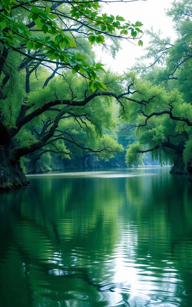 Peaceful River Bend with Overhanging Trees Reflected