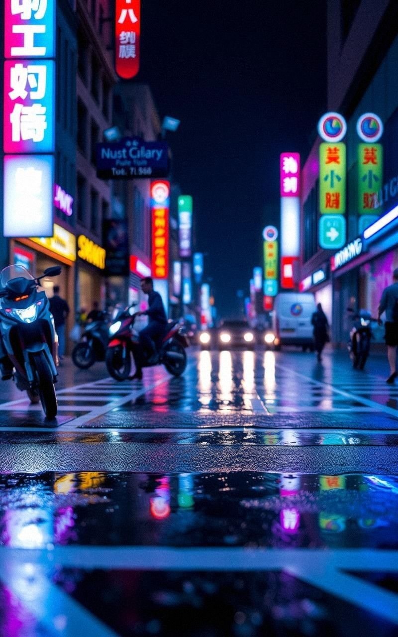 Rain-Soaked Street with Neon Light Reflections