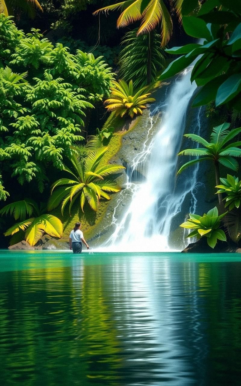 Tropical Waterfall Pool Mirroring Lush Foliage