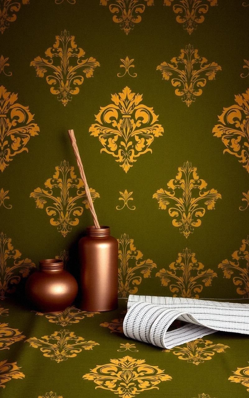 Olive Green Damask Wallpaper for Earthy Sophistication