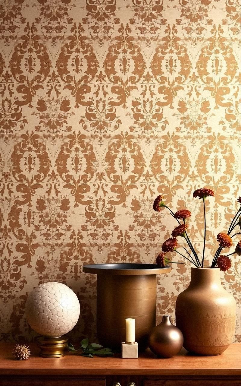 Taupe Damask Wallpaper with Soft Earthy Tones