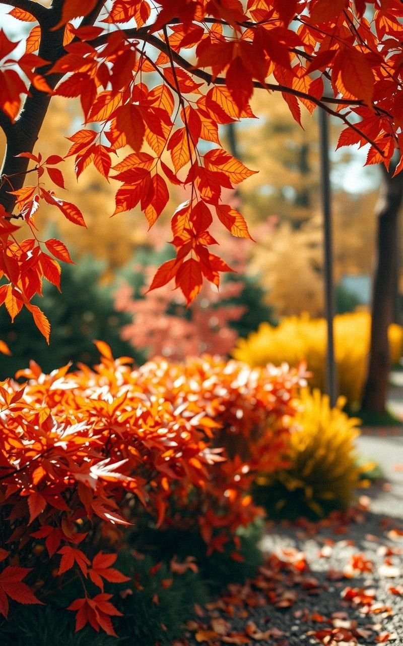 Golden Autumn Garden With Falling Leaves