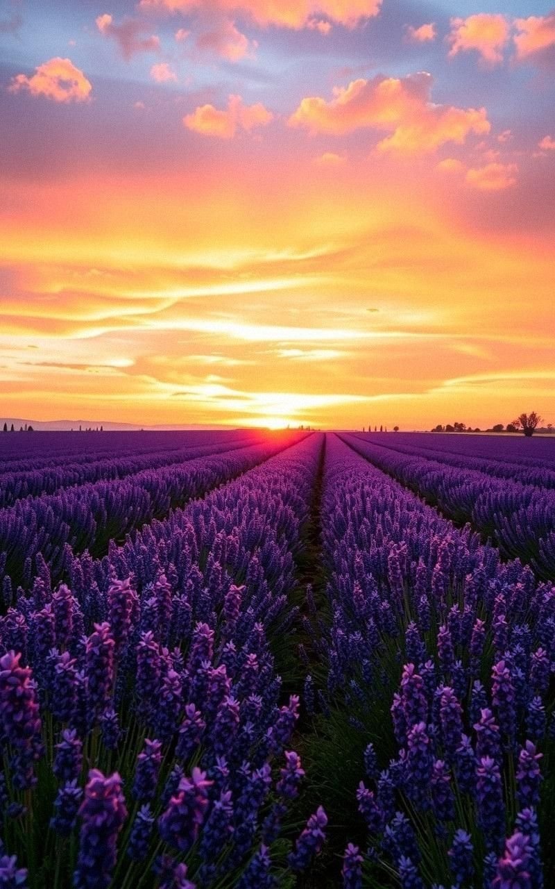 Lavender Fields Under A Dreamy Sunset Sky