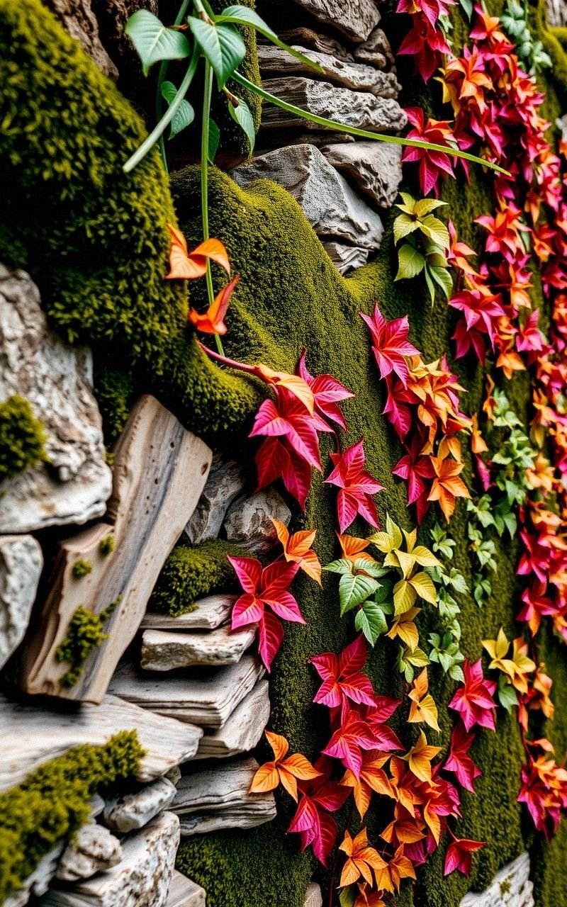 Mossy Stone Wall With Colorful Wild Ivy