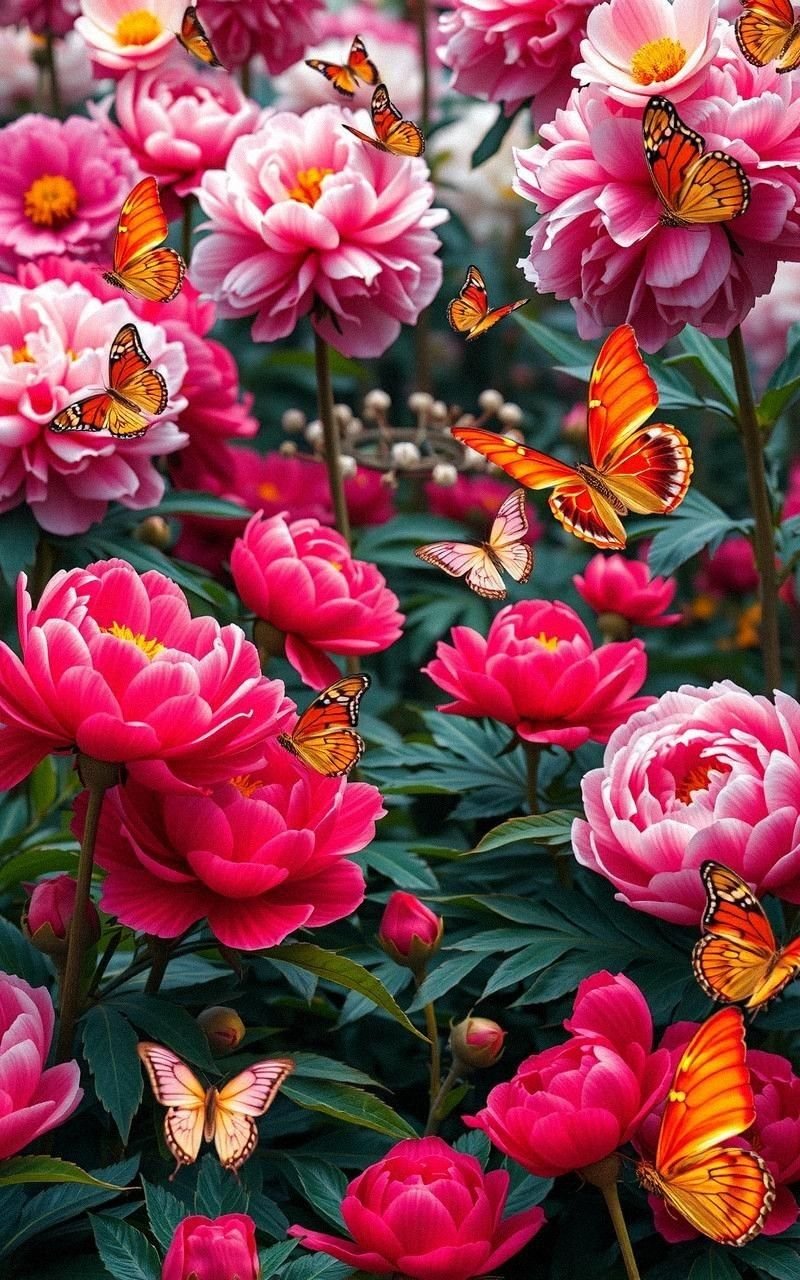 Ornate Butterfly Garden With Blossoming Peonies