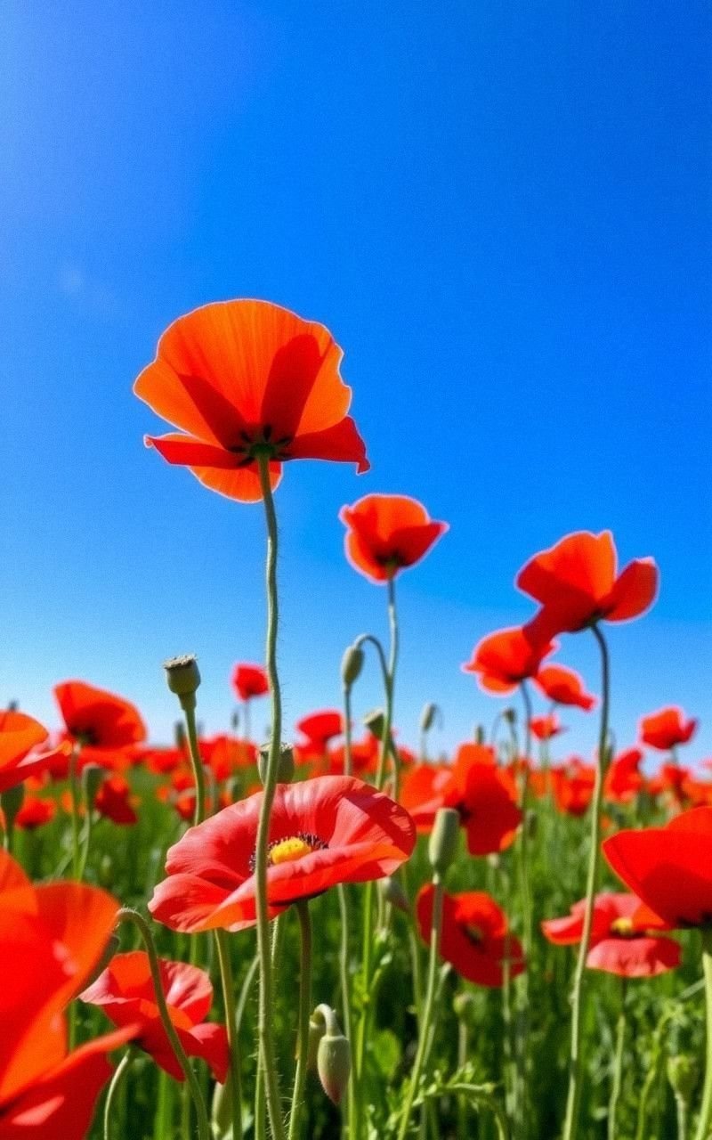 Poppy Field With Vibrant Red Blossoms Against Blue Sky