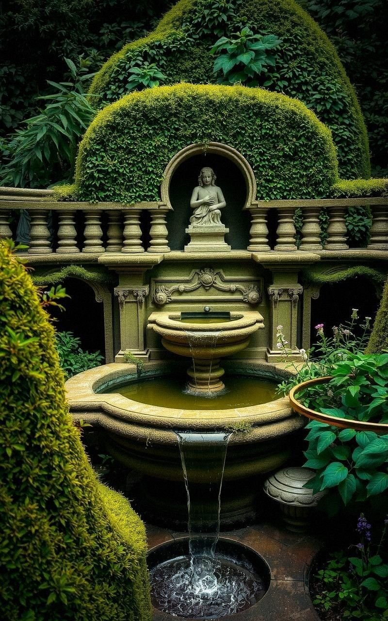 Secret Garden With Ancient Stone Fountain