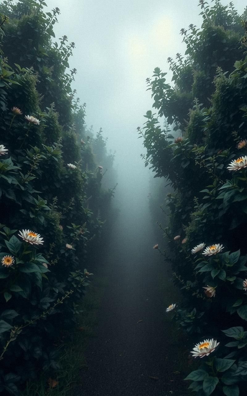 Secret Pathway Through Misty Garden Shrubs