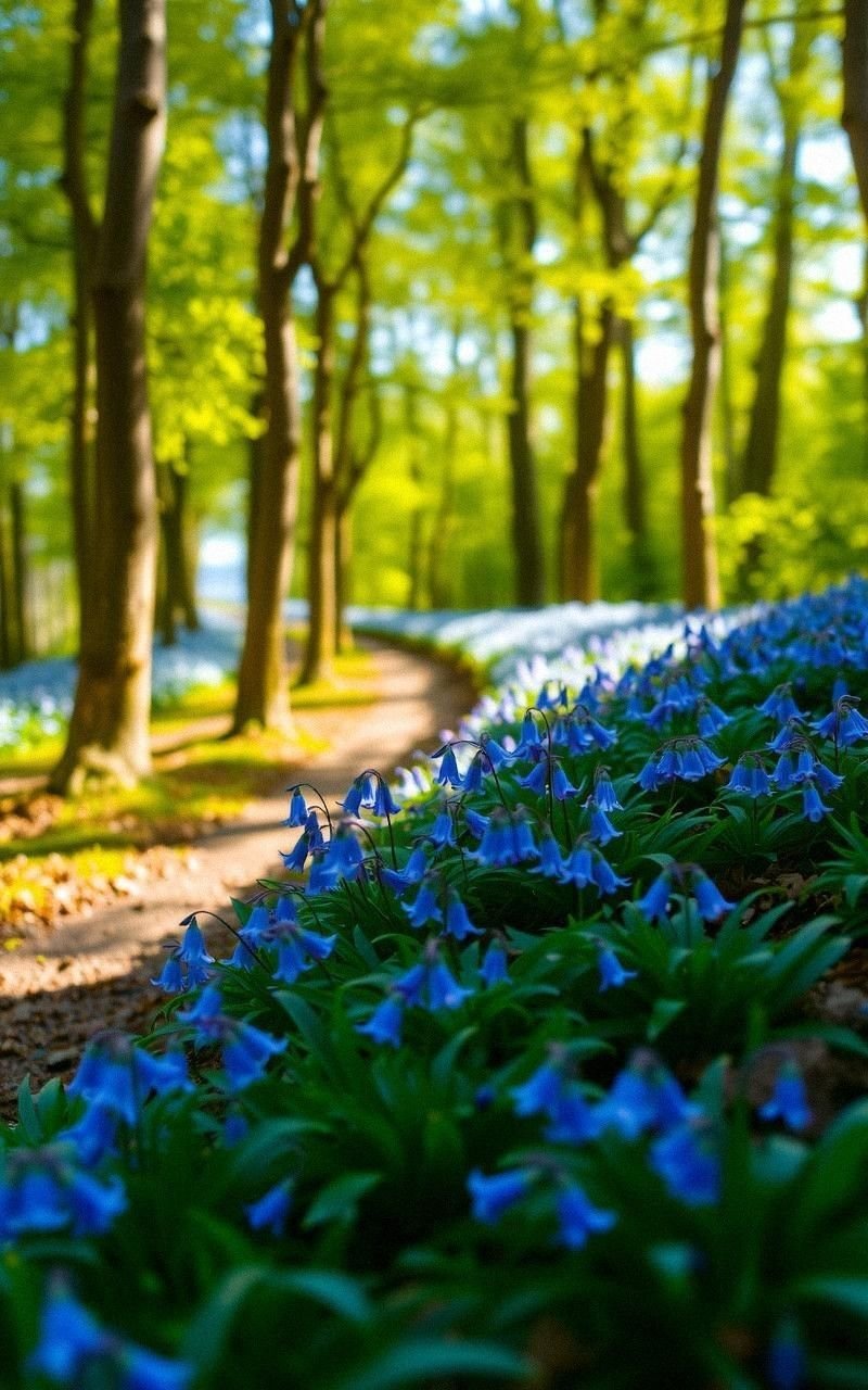 Sunlit Woodland Path With Blooming Bluebells