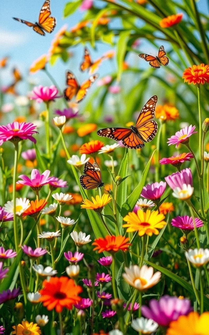 Whimsical Meadow With Colorful Wildflowers And Butterflies