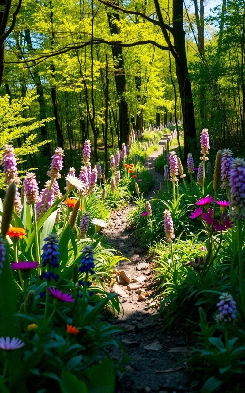 Wildflower Trail Through Sun-Dappled Woods