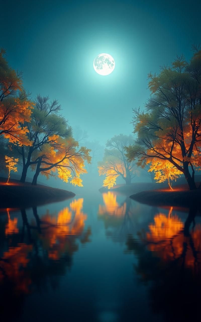 Elegant Moonlit Lake Surrounded By Glowing Trees