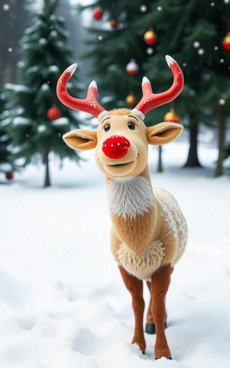 Cute Red-Nosed Reindeer with Snowy Backdrop