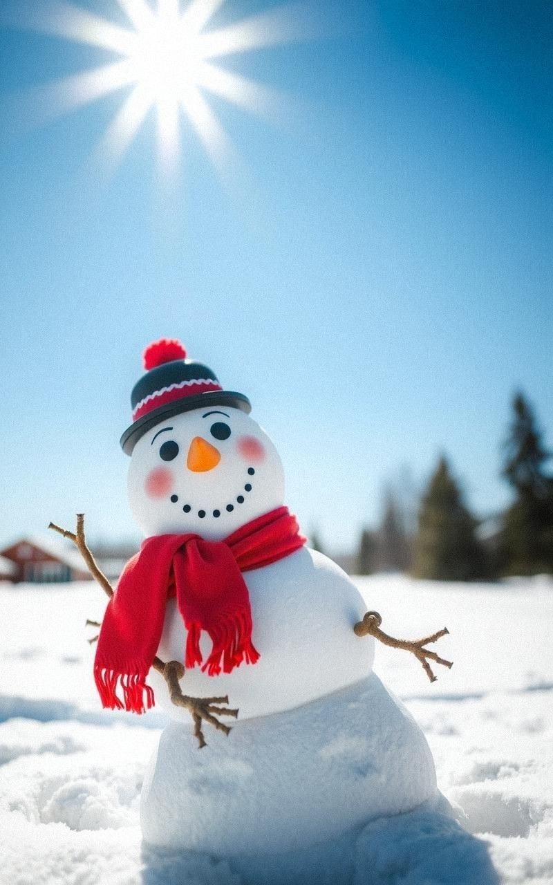 Cute Snowman with Scarf and Hat in Snowy Field