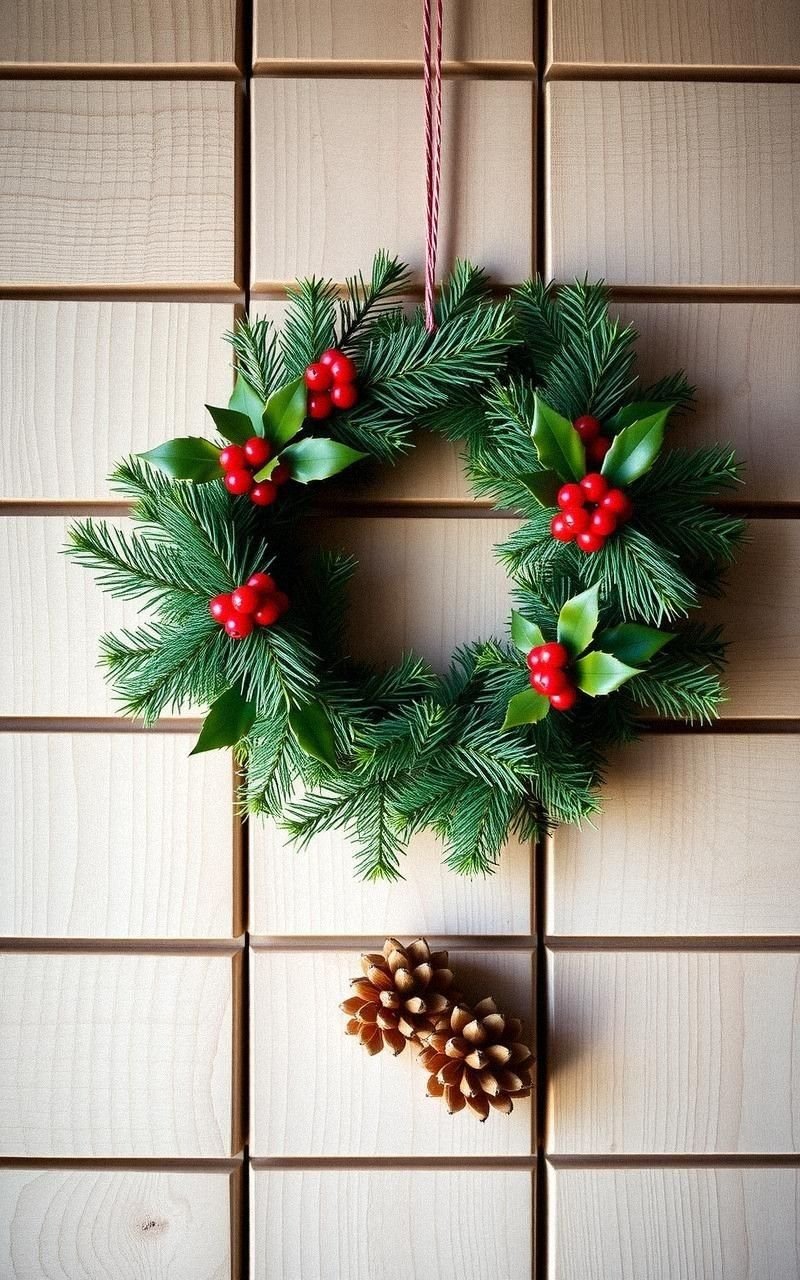 Minimalist Holiday Wreath on Rustic Wood
