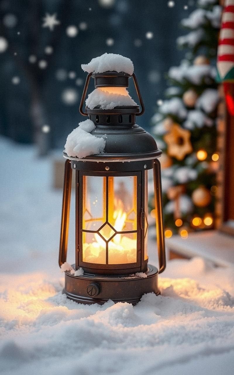 Snow-Covered Lantern Casting Warm Glow