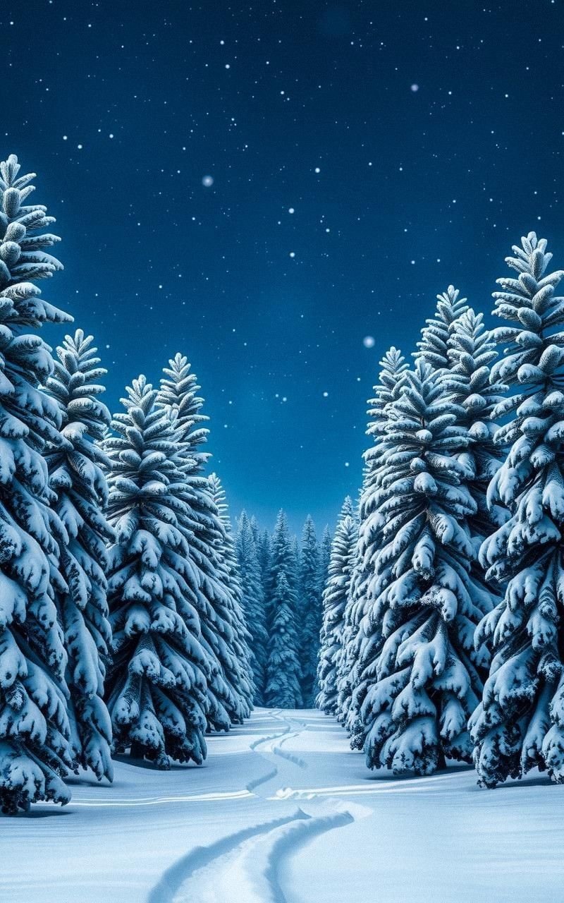 Snow-Covered Pine Trees Under Starry Night