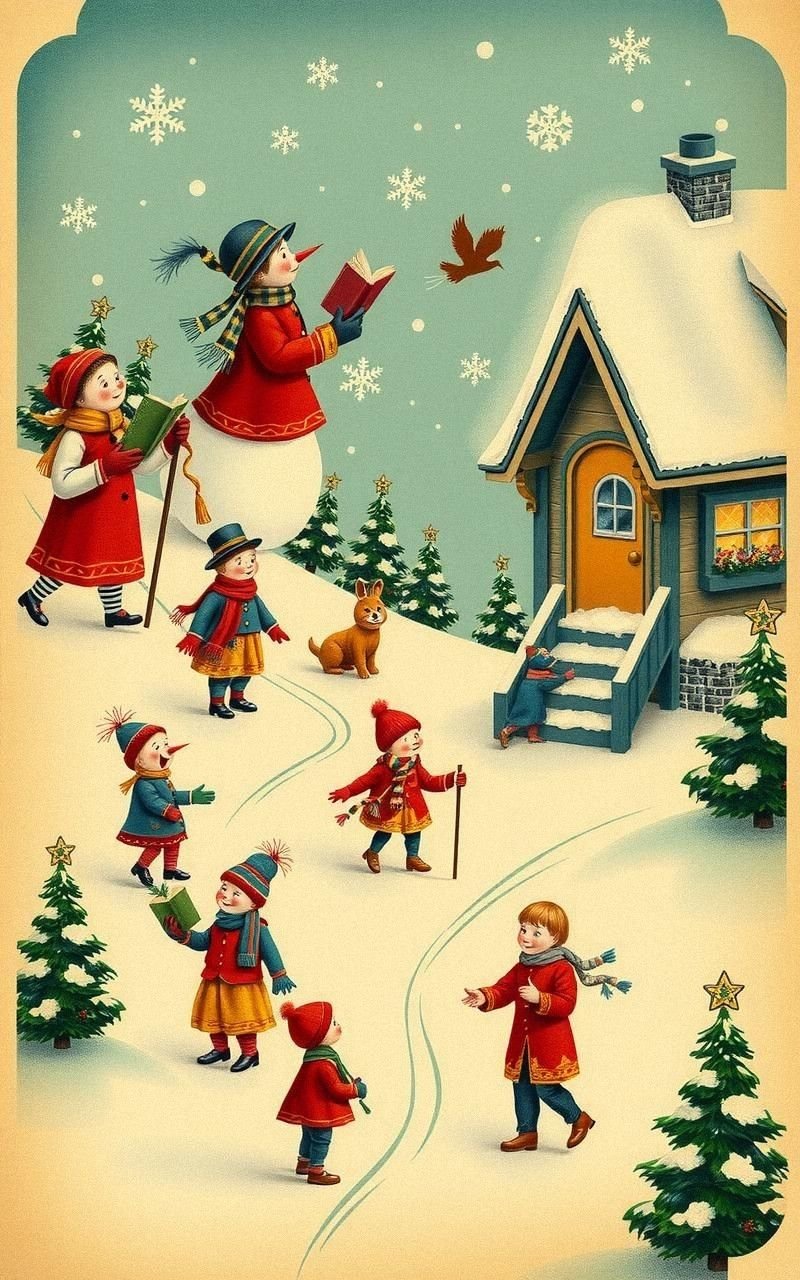 Vintage Holiday Postcard Style Illustration