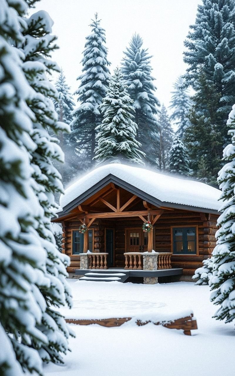 Winter Cabin Surrounded by Snow and Pine Trees