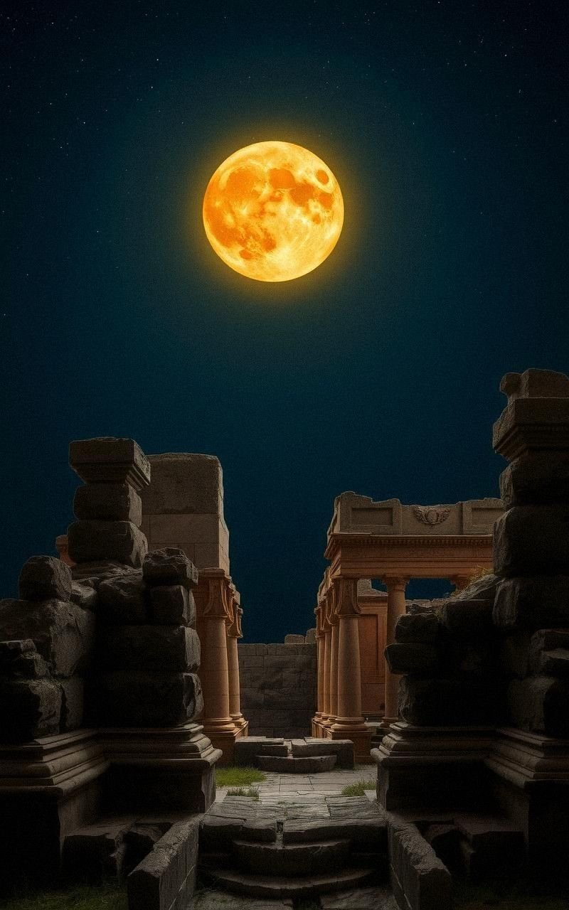 Golden Moon and Stars Over Ancient Ruins