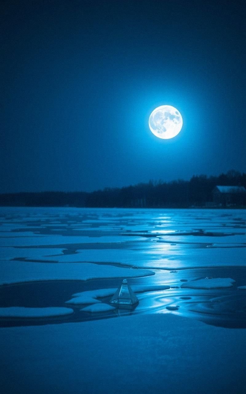 Icy Blue Moon Illuminating Frozen Lake